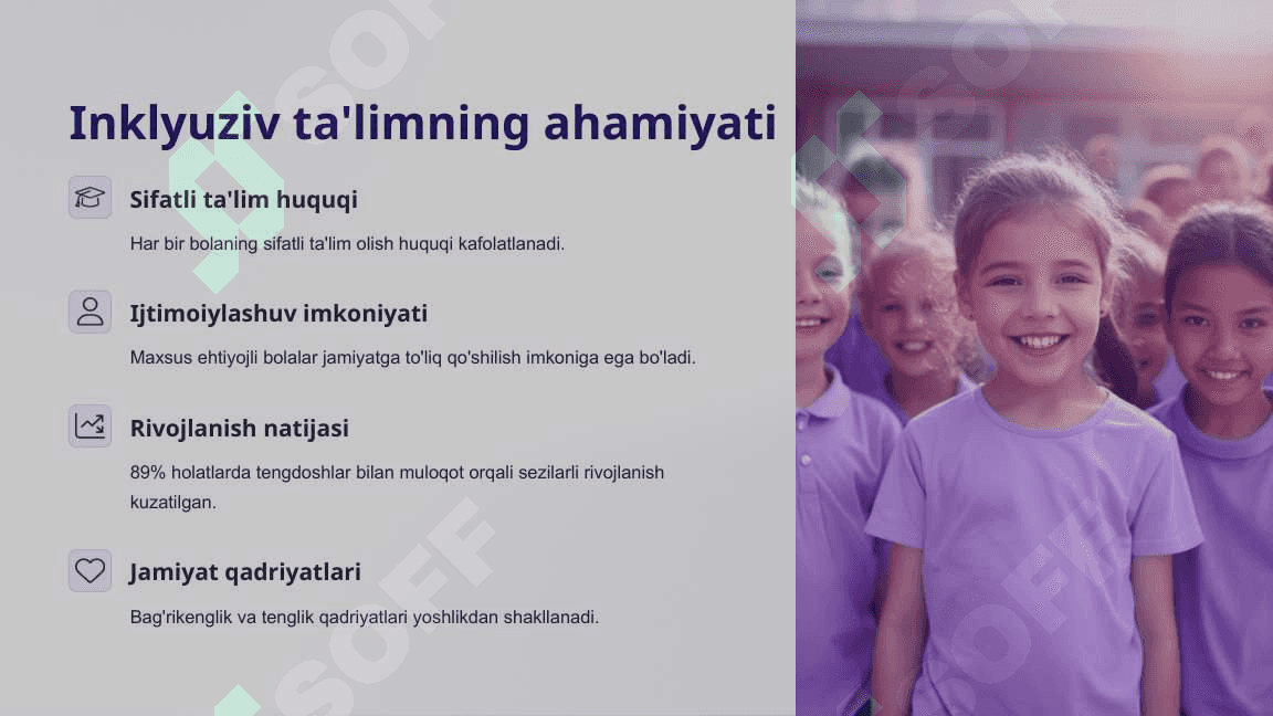 Alohida yordamga muhtoj bolani umumta'lim maktabi yoki maktabgacha tashkilotda inklyuziv ta'lim sharoitida o'qishga moslashishida oila va maktabning oʻrni. 3