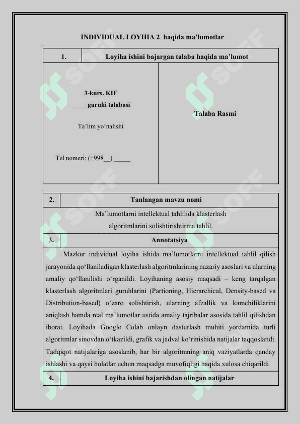 Ma'lumotlarni intellektual tahlilida klasterlash algoritmlarining solishtirma tahlili. Individual loyiha ishi. 2