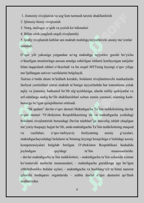 ILK QADAM DAVLAT OʻQUV DASTURI VA UNING MOHIYATI VA QOʻLLANILISHI 8