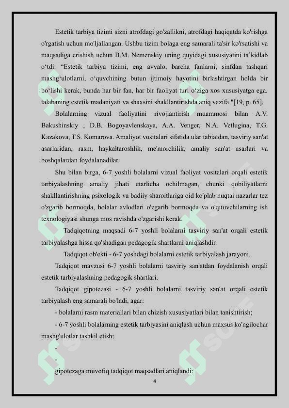 MAKTABGA TAYYORLOV (6YOSHDAN 7 YOSHGACHA ) GURUHDAGI BOLALARNING ESTETIK TARBIYASINI RIVOJLANISHIDAGI O‘ZIGA XOSLIGI 4