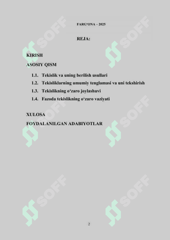 Fazoda tekislikning turli tenglamalari Fazoda tekislikning o`zaro vaziyati. Fazoda tekisliklarning o`zaro vaziyati 2