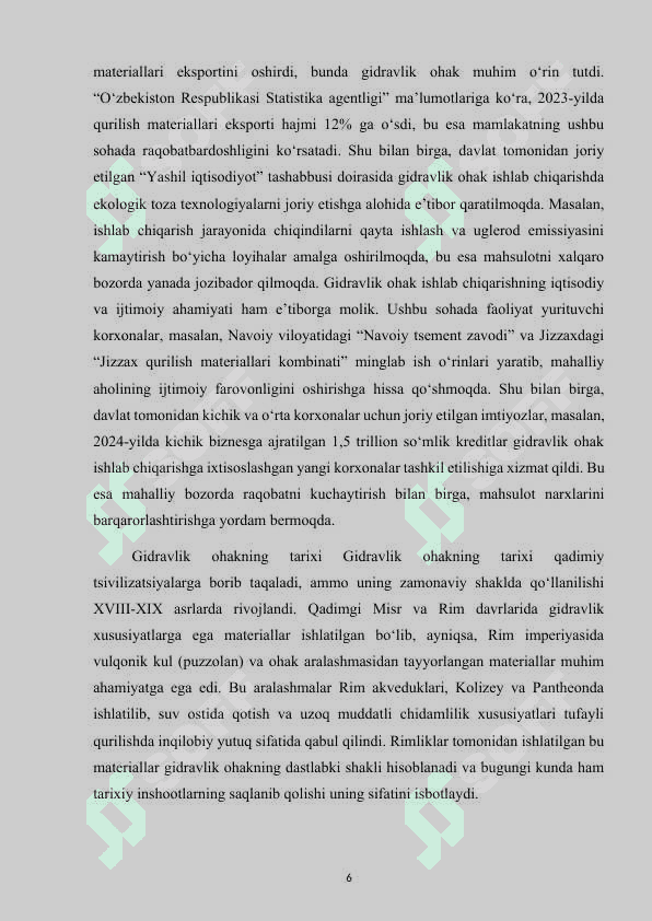 Gidravlik ohak ishlab chiqarish korxonasini loyihasi.Yiliga 400 ming tonna. Xomashyo-mergelli ohaktosh. Korxonani yillik ish kunlari-262 kun. Smenalar soni-3 ta. Kuydirish uskunasi-Aylanma pech 6