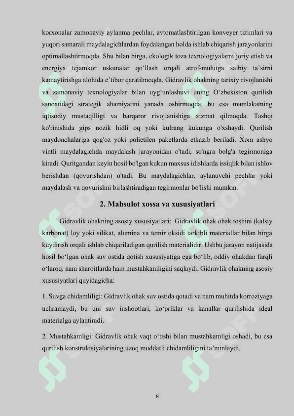 Gidravlik ohak ishlab chiqarish korxonasini loyihasi.Yiliga 400 ming tonna. Xomashyo-mergelli ohaktosh. Korxonani yillik ish kunlari-262 kun. Smenalar soni-3 ta. Kuydirish uskunasi-Aylanma pech 8