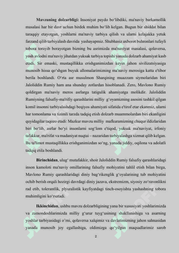 Jaloliddin Rumiyning “Masnaviyi  ma’naviy” asarining yoshlar  tarbiyasidagi o’rni va roli 2