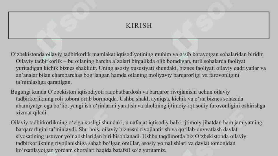 Ozbekistona oilaviy tadbirkorlikni rivojlantirishning oziga hos xususiyatlari 2