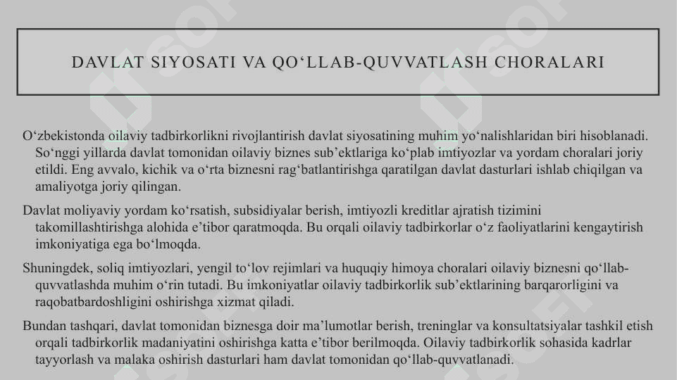 Ozbekistona oilaviy tadbirkorlikni rivojlantirishning oziga hos xususiyatlari 5