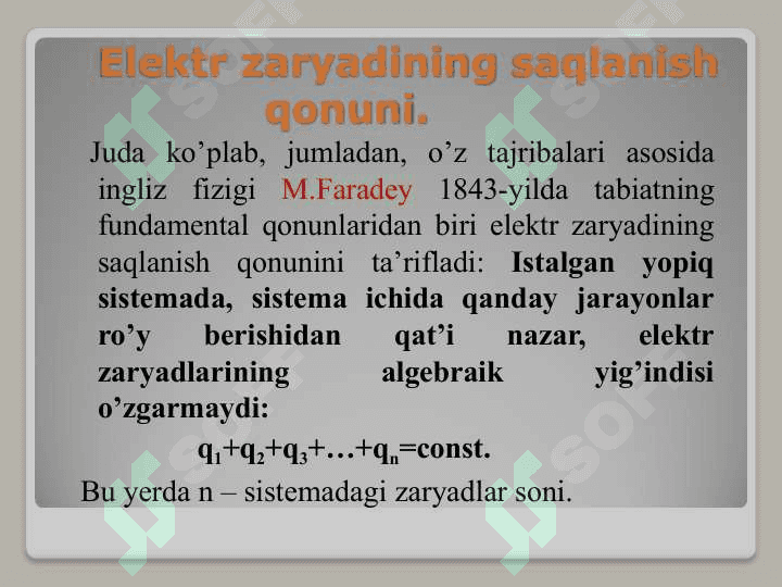 Elektr zaryadlarining oʼzaro taʼsiri qonuni. Kulon qonuni. Zaryadlarning chiziqiy, sirtiy va hajmiy zichliklari. 7