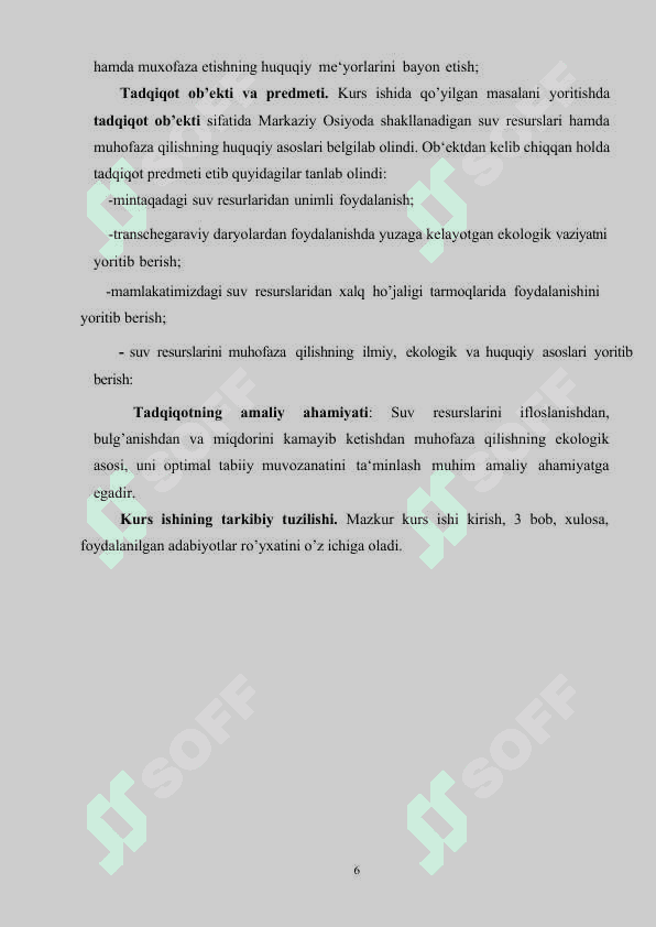 O'rta Osiyoda suv va suv resurslaridan foydalanish.Kurs ishi 6