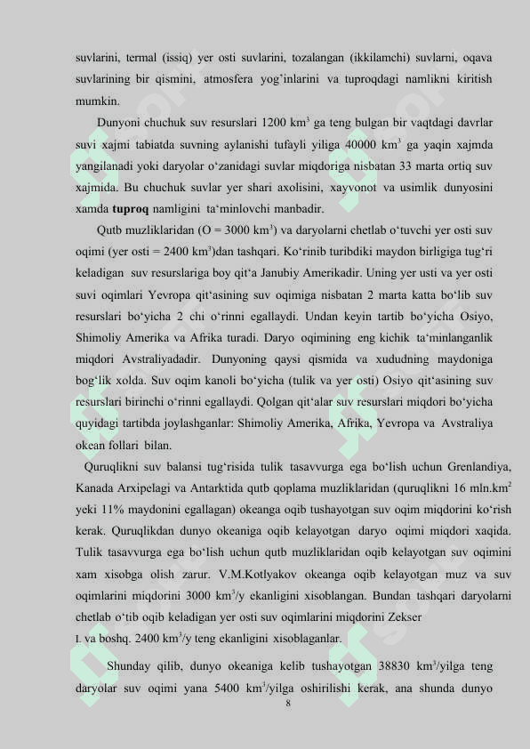 O'rta Osiyoda suv va suv resurslaridan foydalanish.Kurs ishi 8