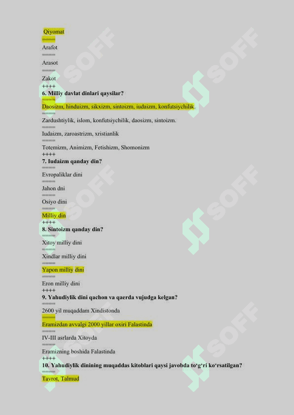 Dunyoviy dinlar tarixi fanidan yakuniy test savollari va javoblari. 2