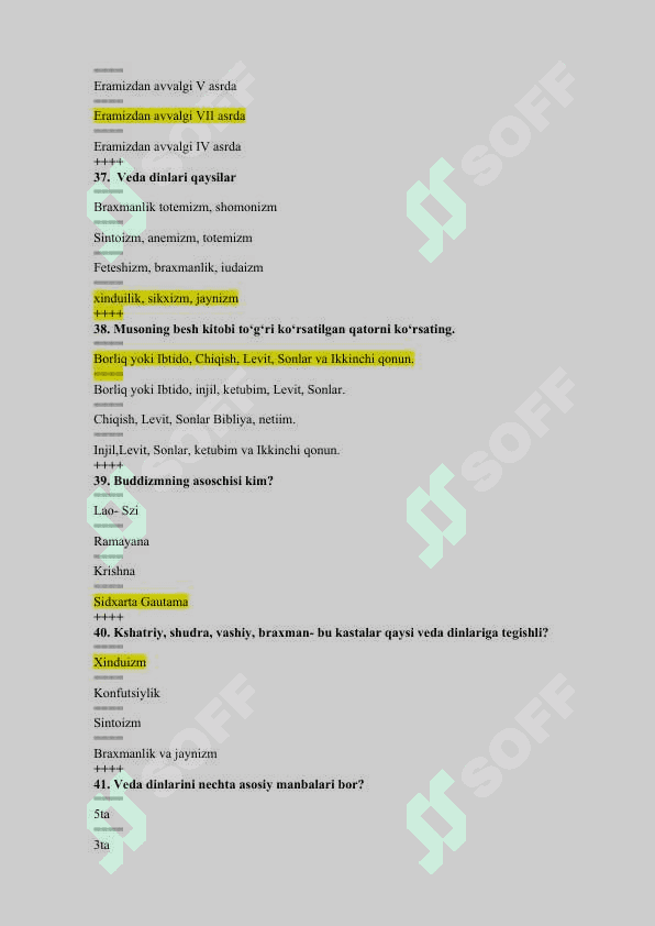 Dunyoviy dinlar tarixi fanidan yakuniy test savollari va javoblari. 8