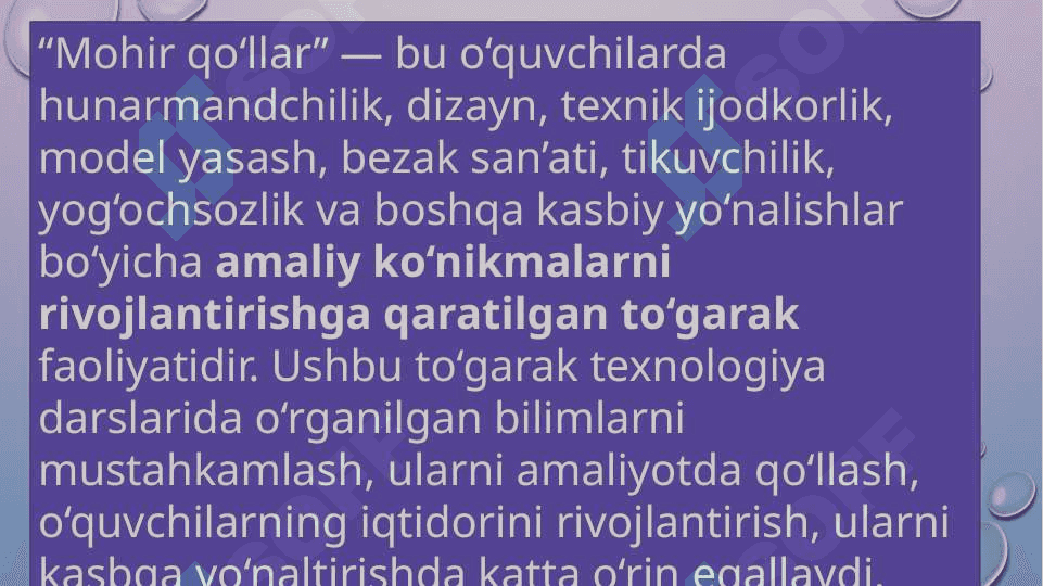 Texnologiya darslariga oid " Mohir qo'llar " to'garagini tashkil etish shakllari 3