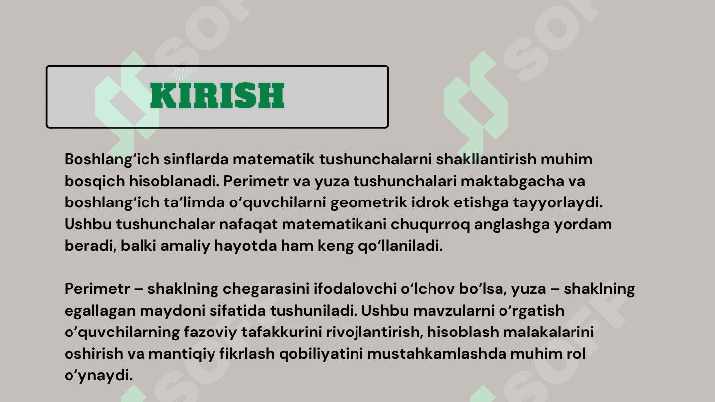 Boshlanģich sinflarda perimetr va yuza tushunchalarini shakllantirish metodikasi 3