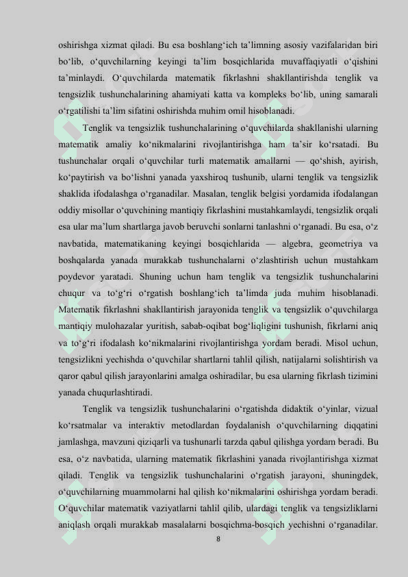 Boshlangʻich sinflarda matematika oʻqitishda tenglik, tengsizlik tushunchasini oʻrgatish metodikasi 8