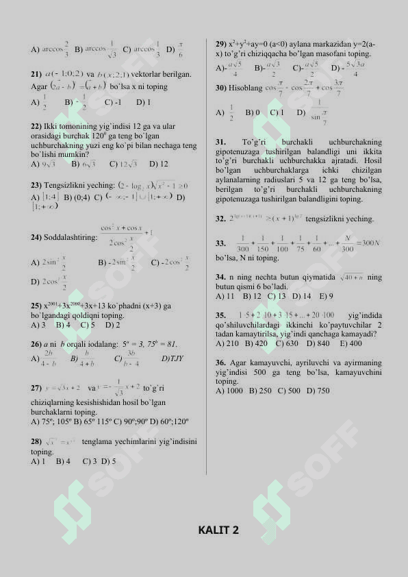 MATEMATIKADAN TEST-2 36-talik kaliti bor 2