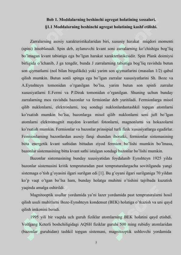 Moddalarning beshinchi agregat holatining astrofizikadagi o’rni 5