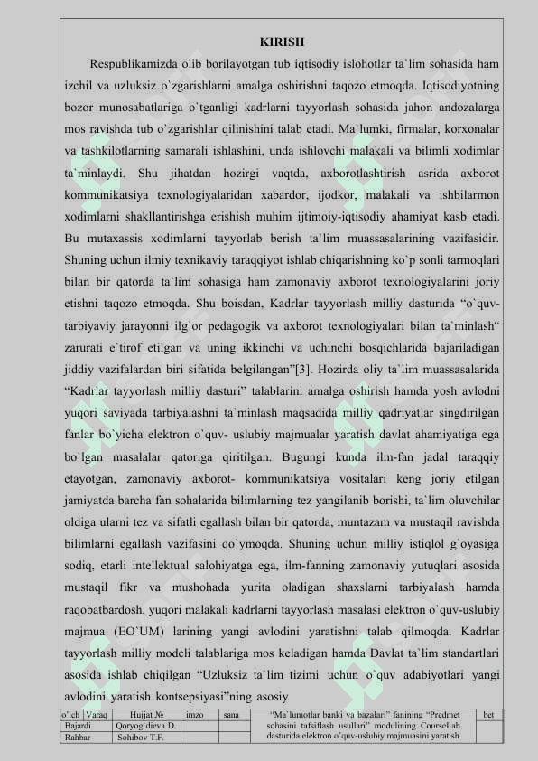 MA`LUMOTLAR BANKI VA BAZALARI” FANINING “PREDMET SOHASINI TAFSIFLASH USULLARI” MODULINING COURSELAB DASTURIDA ELEKTRON O’QUV-USLUBIY MAJMUASINI YARATISH 3