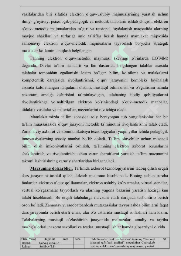 MA`LUMOTLAR BANKI VA BAZALARI” FANINING “PREDMET SOHASINI TAFSIFLASH USULLARI” MODULINING COURSELAB DASTURIDA ELEKTRON O’QUV-USLUBIY MAJMUASINI YARATISH 4