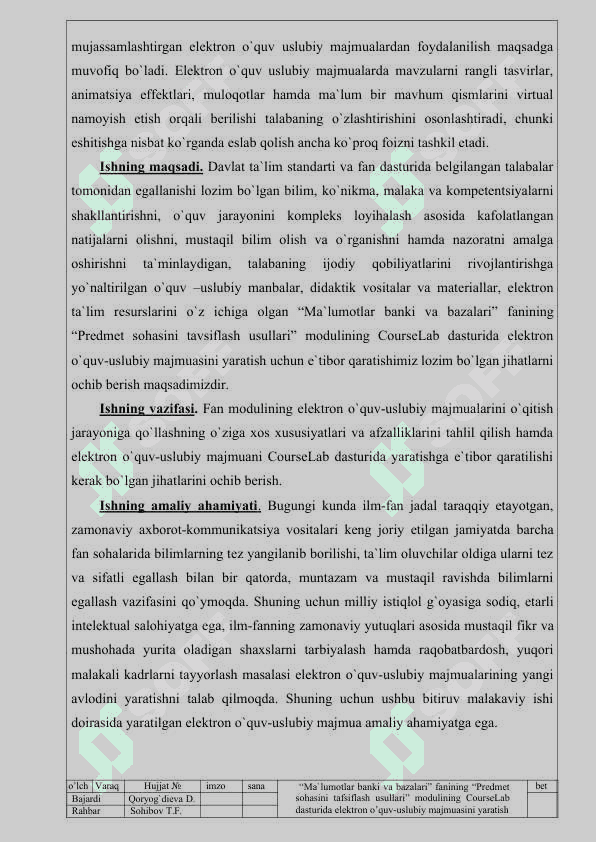 MA`LUMOTLAR BANKI VA BAZALARI” FANINING “PREDMET SOHASINI TAFSIFLASH USULLARI” MODULINING COURSELAB DASTURIDA ELEKTRON O’QUV-USLUBIY MAJMUASINI YARATISH 5