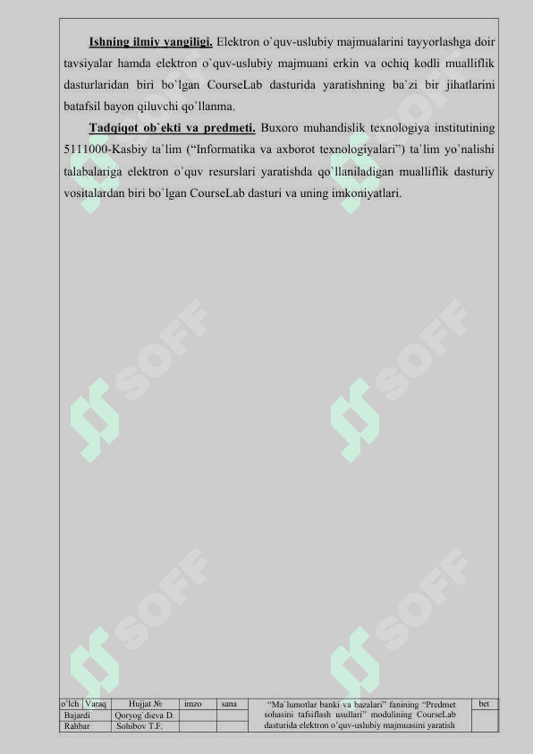 MA`LUMOTLAR BANKI VA BAZALARI” FANINING “PREDMET SOHASINI TAFSIFLASH USULLARI” MODULINING COURSELAB DASTURIDA ELEKTRON O’QUV-USLUBIY MAJMUASINI YARATISH 6