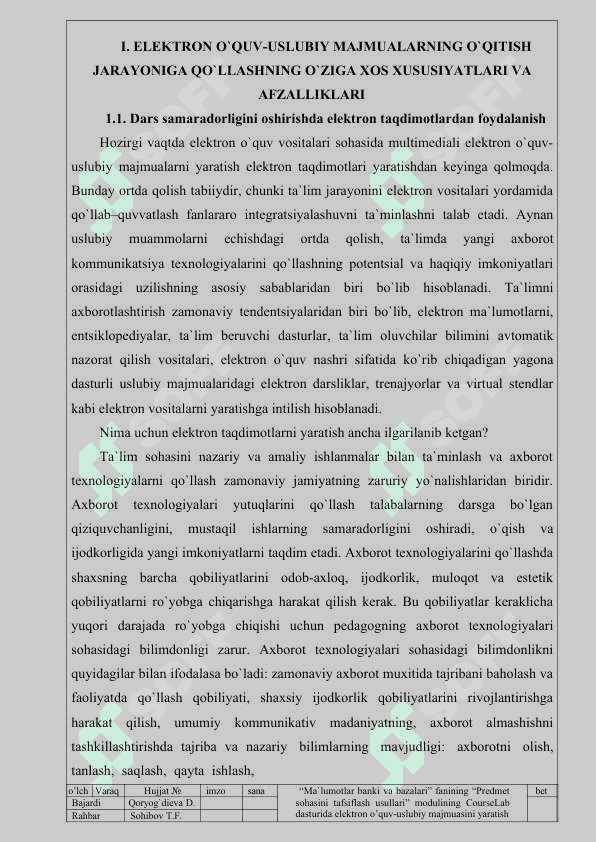 MA`LUMOTLAR BANKI VA BAZALARI” FANINING “PREDMET SOHASINI TAFSIFLASH USULLARI” MODULINING COURSELAB DASTURIDA ELEKTRON O’QUV-USLUBIY MAJMUASINI YARATISH 7