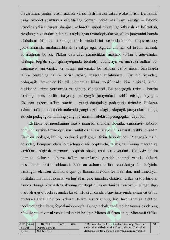 MA`LUMOTLAR BANKI VA BAZALARI” FANINING “PREDMET SOHASINI TAFSIFLASH USULLARI” MODULINING COURSELAB DASTURIDA ELEKTRON O’QUV-USLUBIY MAJMUASINI YARATISH 8
