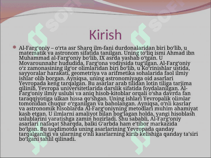 Al-Farg‘oniy asarlarining Yevropadagi tarqalishi va ular orqali o‘nli kasrlarning kiritilishiga ta’siri.ppt 2