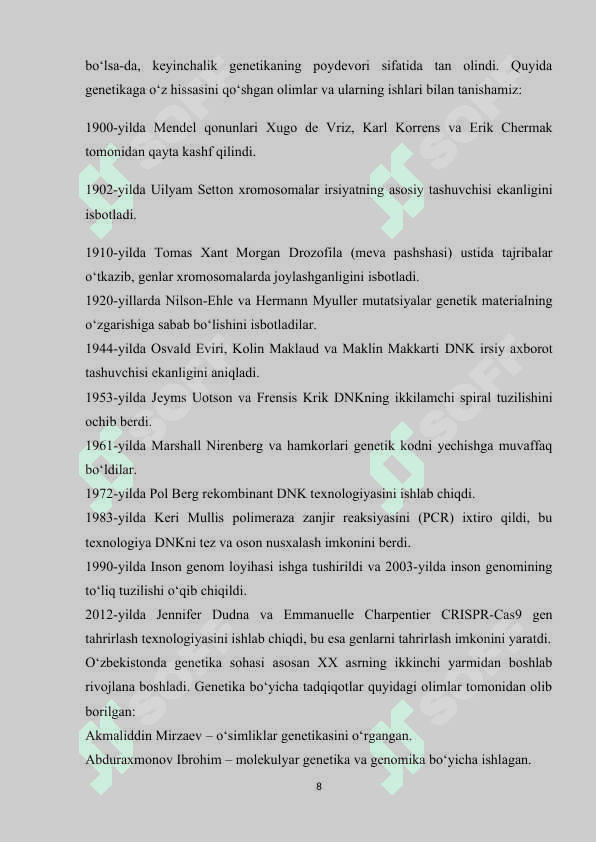 O‘zbekistonda genetik tadqiqotlarning yo‘lga qo‘yilishi va zamonaviy genetikaning rivojlanishi 8