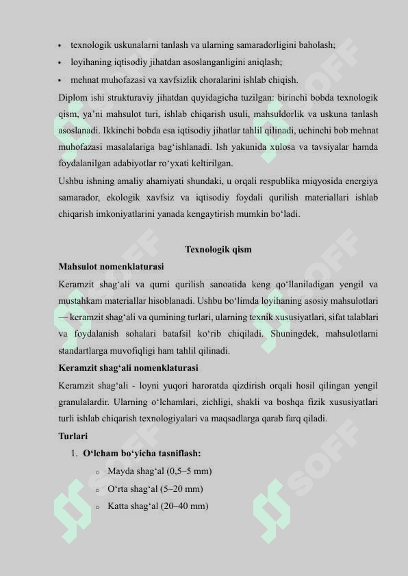 Keramzit shag'ali va qumi ishlab chiqarish korxonasini loyihalash mahsuldorligi 38 ming m³ 3