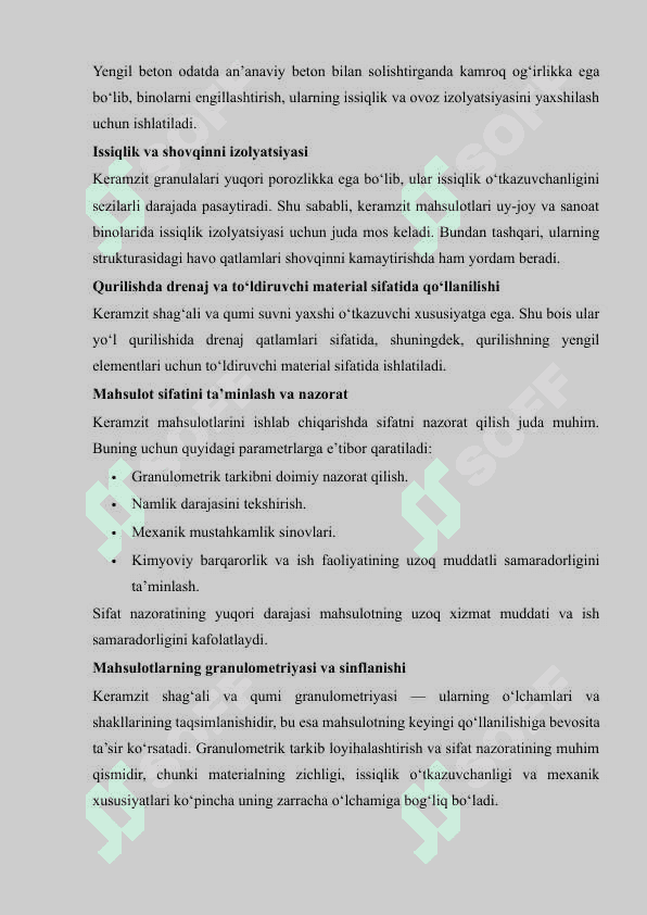 Keramzit shag'ali va qumi ishlab chiqarish korxonasini loyihalash mahsuldorligi 38 ming m³ 7