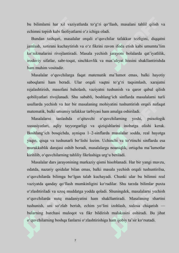 Boshlang‘ich sinf o‘quvchilari masalalarni har xil usulda yechish malakasini shakllantirish kurs ishi 7