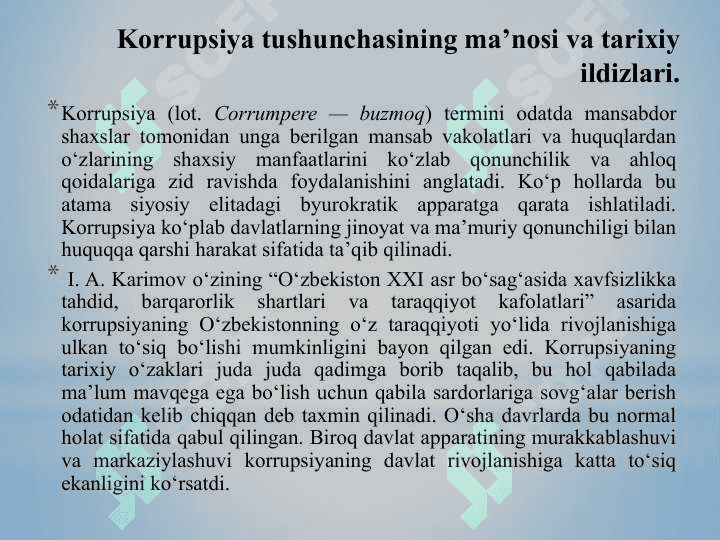 KORRUPSIYA –GLOBAL MUAMMO SIFATIDA. KORRUPSIYANING TARIXIY SHAKLLARI VA IJTIMOIY HAYOTDAGI KO’RINISHLARI 3