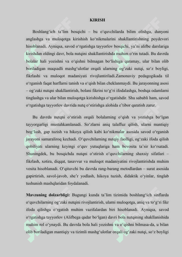 O‘QUVCHILARNI SAVOD O‘RGATISHGA TAYYORLOV ALIFBEGACHA BO'LGAN DAVR DAVRIDA NUTQ O‘STIRISH 2,4,5 2