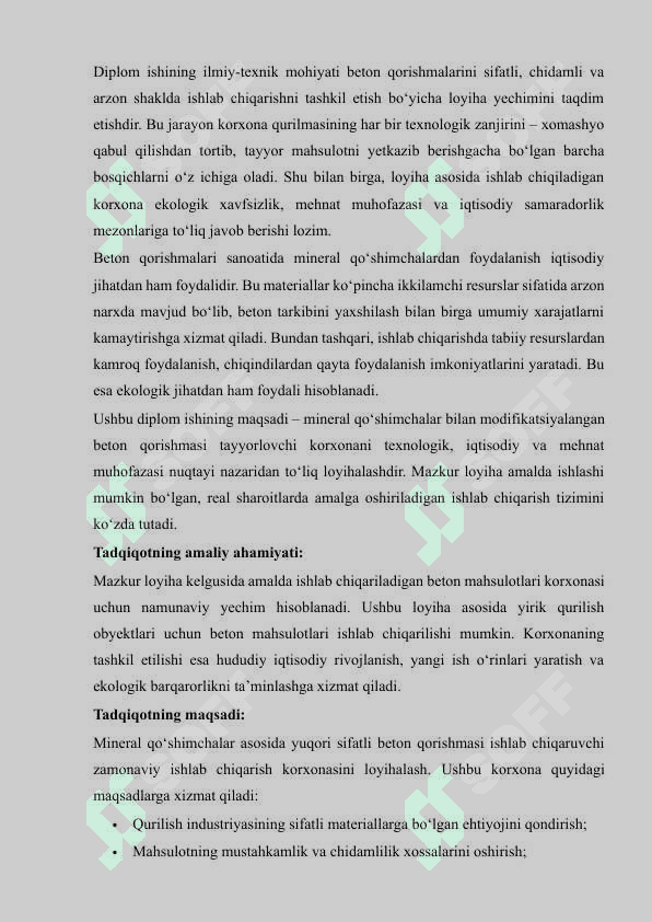 Mineral qoʻshimchalar bilan modifitsiyalangan beton qorishmasi tayyorlash korxonasi loyihalash 140  ming m³ 3