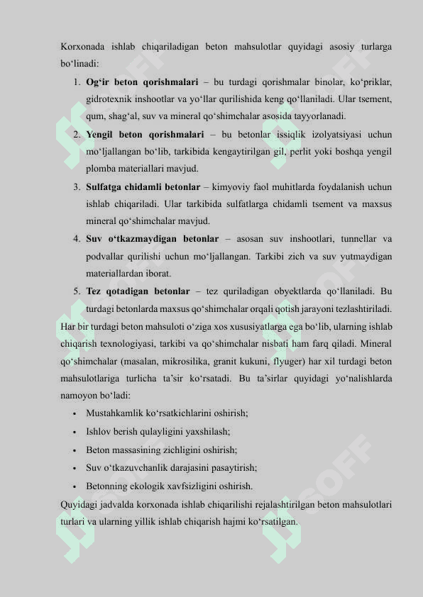 Mineral qoʻshimchalar bilan modifitsiyalangan beton qorishmasi tayyorlash korxonasi loyihalash 140  ming m³ 7