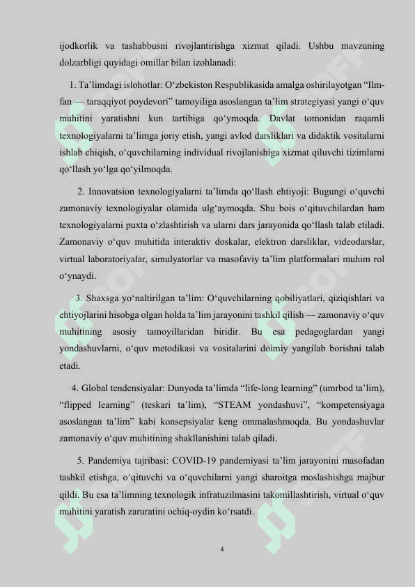 Zamonaviy o’quv muhiti va uni tashkil etish metodikasi 4