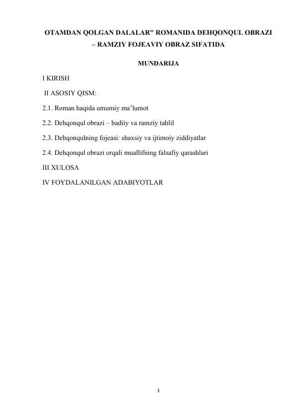 OTAMDAN QOLGAN DALALAR" ROMANIDA DEHQONQUL OBRAZI – RAMZIY FOJEAVIY OBRAZ SIFATIDA