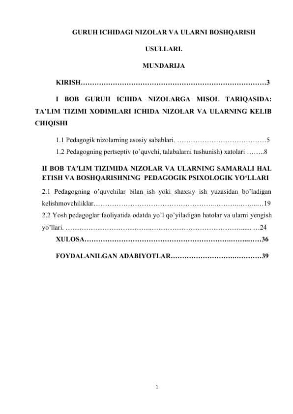 GURUH ICHIDAGI NIZOLAR VA ULARNI BOSHQARISH USULLARI.
