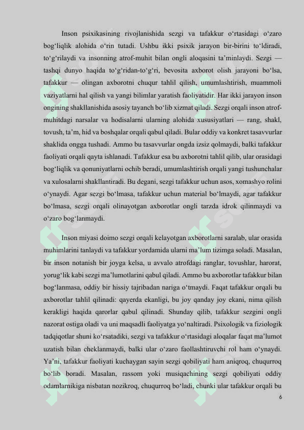 Sezgining boshqa jarayonlarga bog'liqligi va uni tashqi muhit bilan aloqasi 6