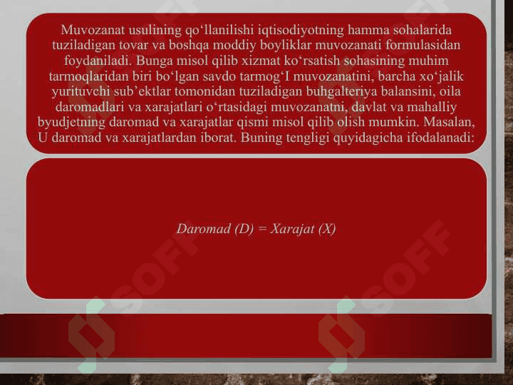 Tahlil jarayonida qo’llaniladigan muvozanat usuli, uning mohiyati va o’ziga hos usullari. 4
