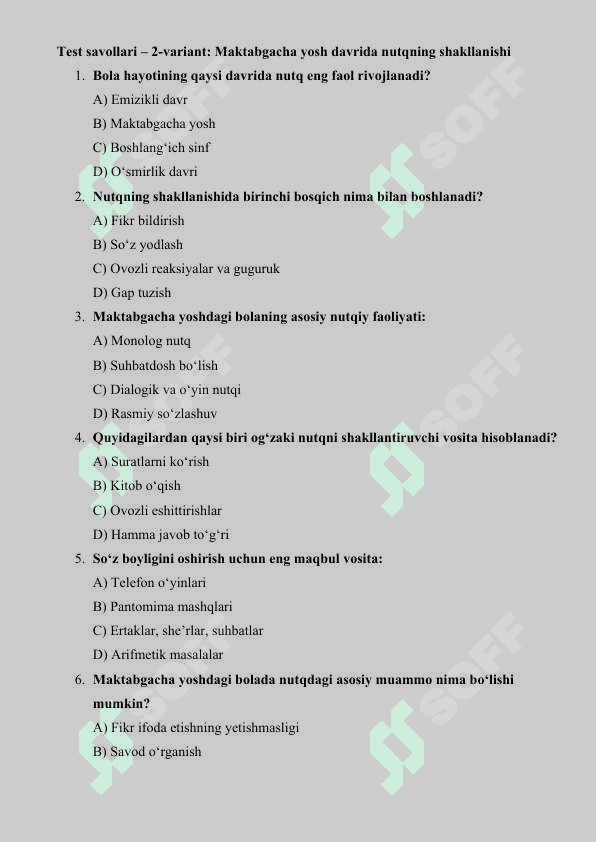 Maktabgacha yosh davrida nutqning shakllanishiga doir ilmiy izlanishlar test 4