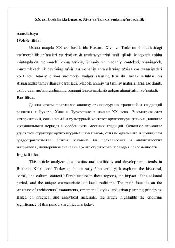 XX asr boshlarida buxoro, xiva va turkistonda me’morchilik maqola 25