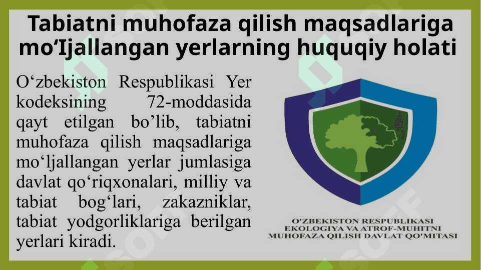 Tabiatni muhofaza qilish va sog’lomlashtirish maqsadlariga mo’ljallangan yerlarning huquqiy holati 3