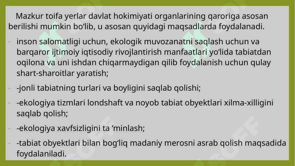 Tabiatni muhofaza qilish va sog’lomlashtirish maqsadlariga mo’ljallangan yerlarning huquqiy holati 5