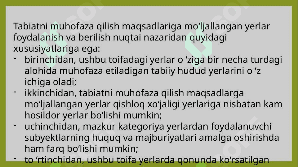 Tabiatni muhofaza qilish va sog’lomlashtirish maqsadlariga mo’ljallangan yerlarning huquqiy holati 6