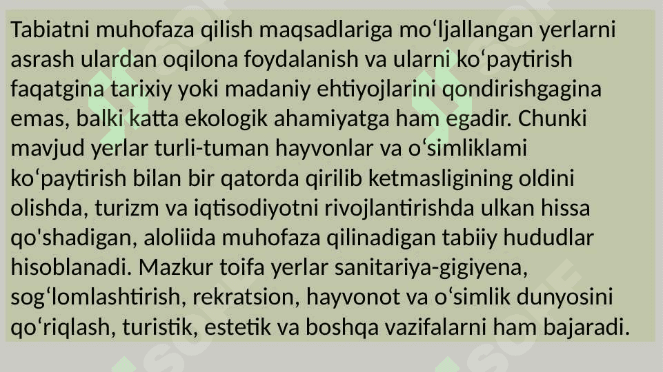 Tabiatni muhofaza qilish va sog’lomlashtirish maqsadlariga mo’ljallangan yerlarning huquqiy holati 8