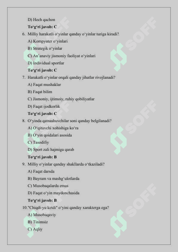 Milliy harakatli o‘yinlarni o‘tkazish metodikasi  test savollari 2