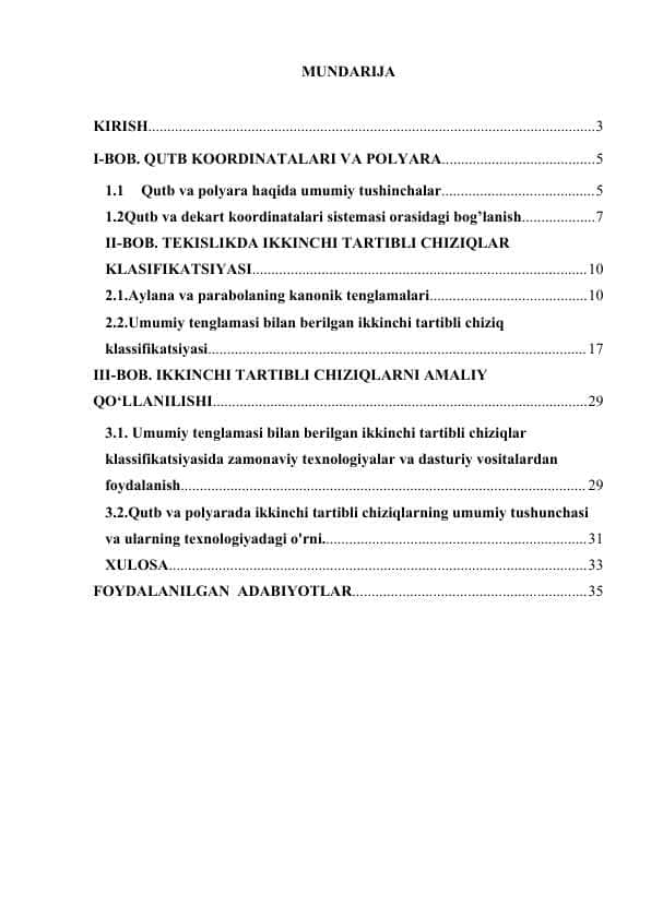 Qutb va polyara. Proektiv tekislikdagi ikkinchi tartibli chiziqlar klassifikatsiyasi kurs ishi