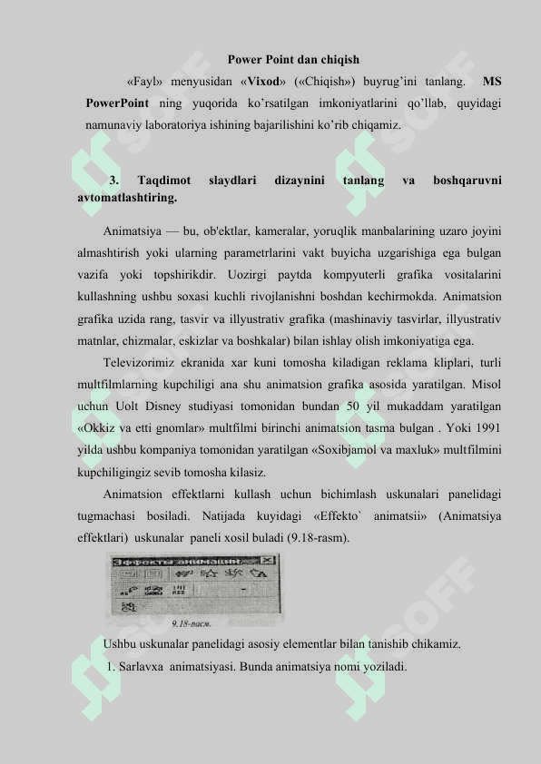 Standart shablonlar asosida taqdimotlarni yaratish. O‘quv jarayoni uchun o‘rgatuvchi taqdimotlar yaratish. Power Point dasturi yordamida matnli topshiriqlar yaratish. 4