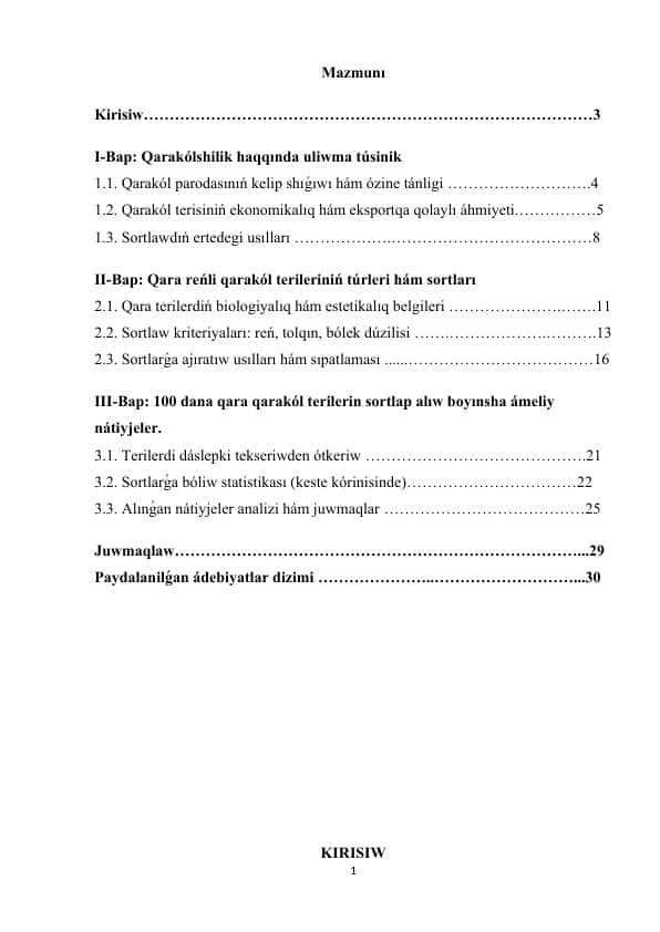 100 dana qara qarakól terilerin sortlap alıw boyınsha ámeliy nátiyjeler